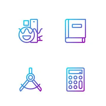 Set line Calculator, Drawing compass, Basic geometric shapes and Science book Stock Illustration