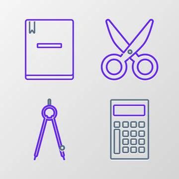 Set line Calculator, Drawing compass, Scissors and Notebook icon. Vector Illustrazione stock