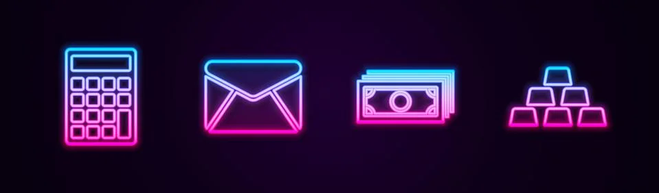 Set line Calculator, Envelope, Stacks paper money cash and Gold bars. Glowing Stock Illustration