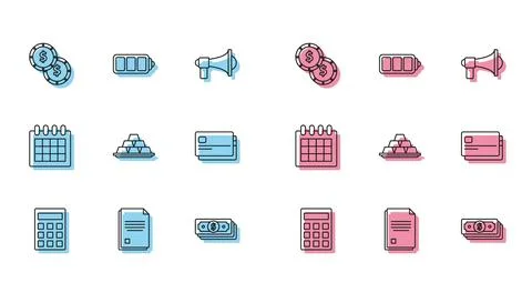 Set line Calculator, File document, Coin money with dollar symbol, Stacks p.. Illustrazione stock