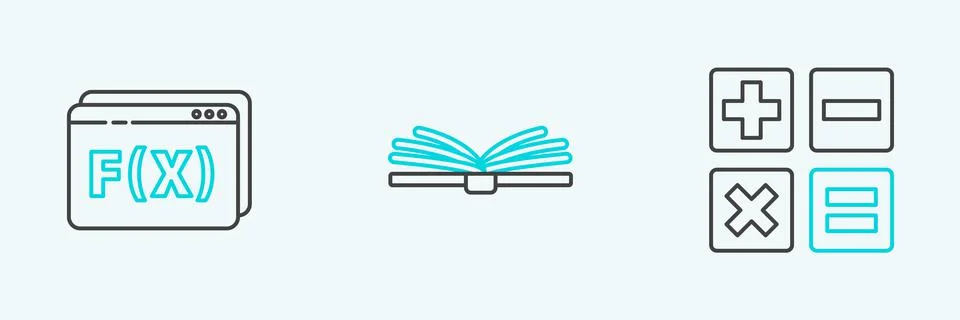 Set line Calculator, Function mathematical symbol and Open book icon. Vector Illustrazione stock