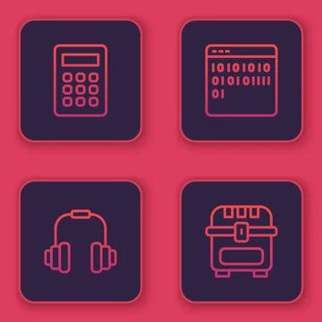 Set line Calculator, Headphones, Binary code and Antique treasure chest. Blue Stock Illustration