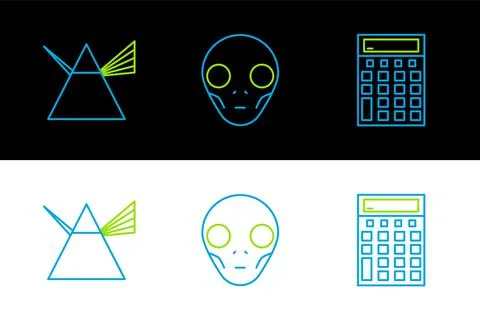 Set line Calculator, Light rays in prism and Extraterrestrial alien face icon イラスト素材