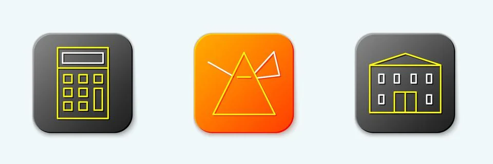 Set line Calculator, Light rays in prism and School building icon. Vector Stock Illustration