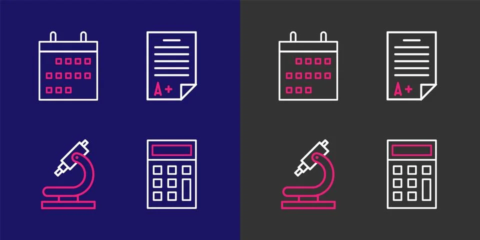 Set line Calculator, Microscope, Exam sheet with A plus grade and Calendar .. Stock Illustration