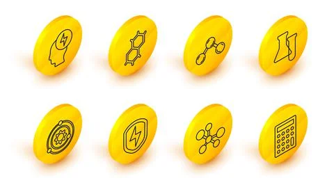 Set line Calculator, Molecule, Secure shield with lightning, Solar system, Test 스톡 일러스트