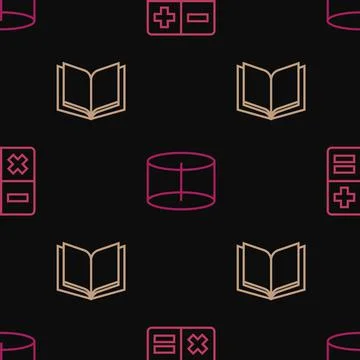 Set line Calculator, Open book and Geometric figure Cylinder on seamless pattern Illustrazione stock