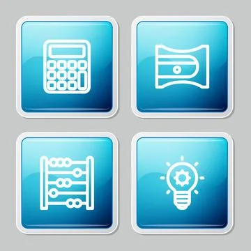 Set line Calculator, Pencil sharpener, Abacus and Light bulb icon. Vector Stock Illustration