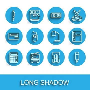 Set line Calculator, Printer, Pen, Pencil sharpener, Marker, Computer mouse Stock Illustration