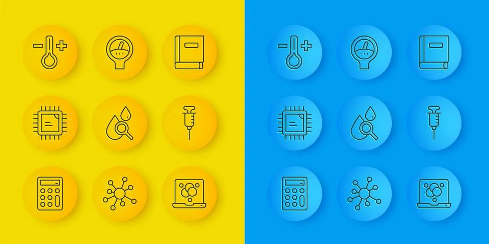 Set line Calculator, Processor CPU, Drop and magnifying glass, Chemical for.. Stock Illustration