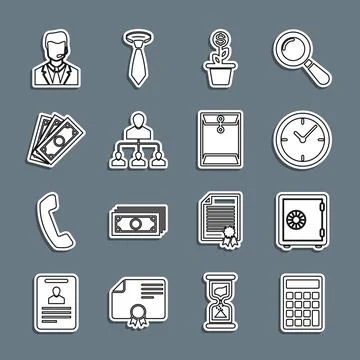 Set line Calculator, Safe, Clock, Dollar plant in the pot, Referral marketi.. Stock Illustration