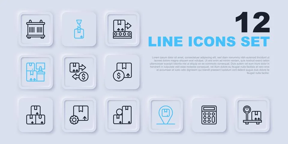 Set line Calculator, Scale with cardboard box, Tax, Location, Warehouse box.. 스톡 일러스트
