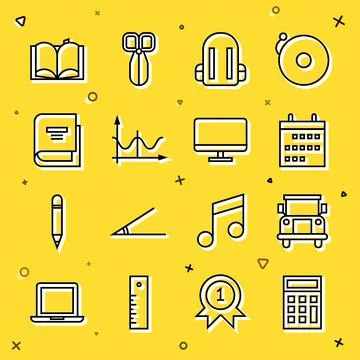 Set line Calculator, School Bus, Calendar, backpack, Graph, schedule, chart Illustrazione stock