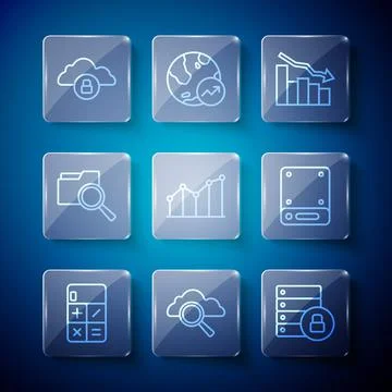 Set line Calculator, Search cloud computing, Server security with padlock, .. Stock Illustration