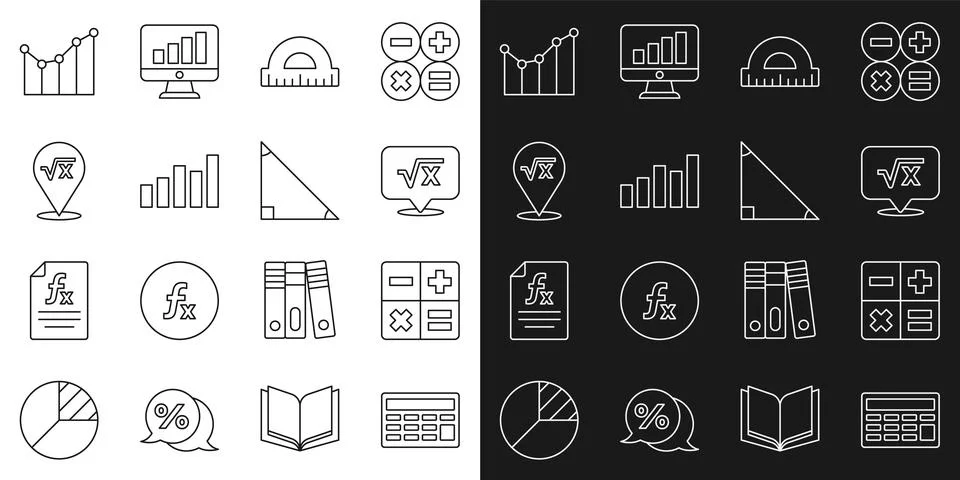 Set line Calculator, Square root of x glyph, Protractor, Graph, schedule, chart Stock Illustration
