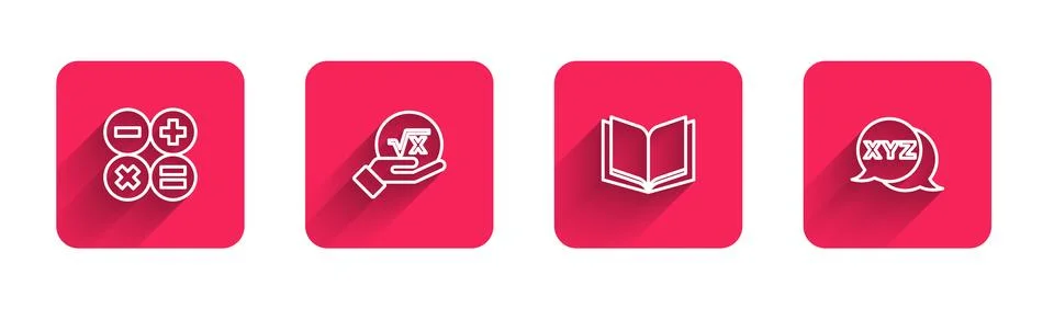 Set line Calculator, Square root of x glyph, Open book and XYZ Coordinate system Stock Illustration