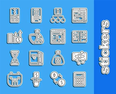Set line Calculator, Stacks paper money cash, Blockchain technology Bitcoin イラスト素材