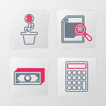 Set line Calculator, Stacks paper money cash, Document with search and Dollar Stock Illustration