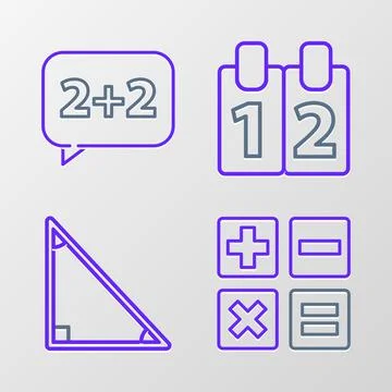 Set line Calculator, Triangle math, Calendar and Equation solution icon. Vector Stock Illustration