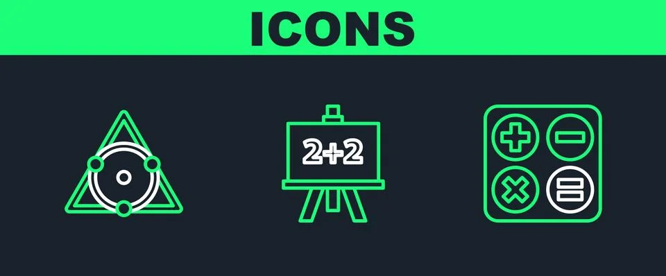 Set line Calculator, Triangle math and Chalkboard icon. Vector 스톡 일러스트