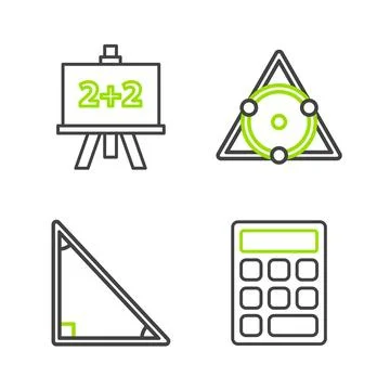 Set line Calculator, Triangle math,  and Chalkboard icon. Vector Stock Illustration