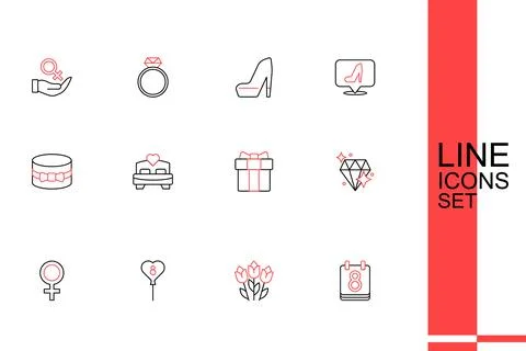 Set line Calendar with 8 March Flower tulip Balloons Female gender symbol Dia Stock Illustration