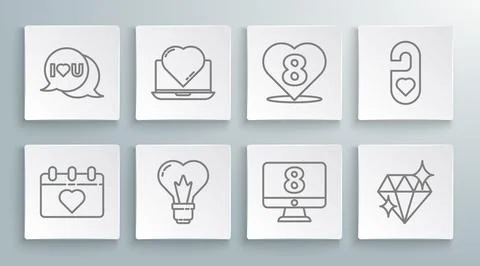 Set line Calendar with 8 March, Online dating app and chat, Heart shape lig.. Stock Illustration
