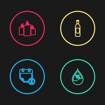 Set line Calendar and clock, Water drop percentage, Bottle of wine and Burning Stock Illustration