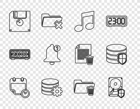 Set line Calendar and clock, Hard disk drive HDD protection, Music note, tone Stock Illustration