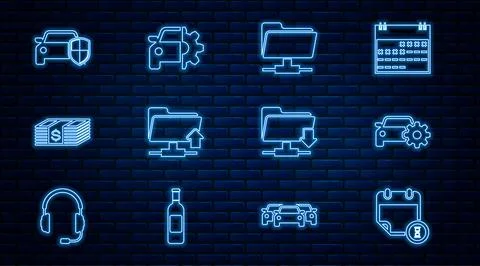 Set line Calendar and clock, Car service, FTP folder, upload, Paper money Stockillustratie