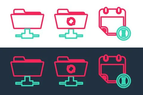 Set line Calendar and clock, FTP folder and sync refresh icon. Vector Stock Illustration