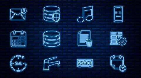 Set line Calendar and clock, Server setting, Music note, tone, Database, New イラスト素材