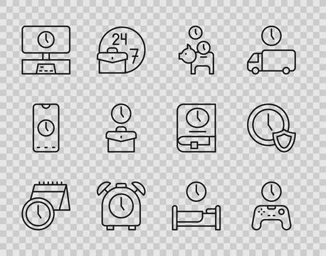 Set line Calendar and clock, Gamepad of time, Piggy bank with coin, Alarm, Smart イラスト素材