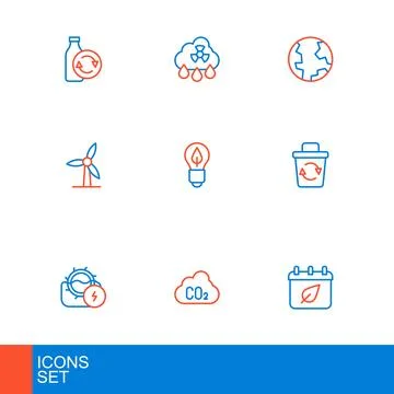 Set line Calendar with autumn leaves, CO2 emissions in cloud, Water mill, R.. Stock Illustration