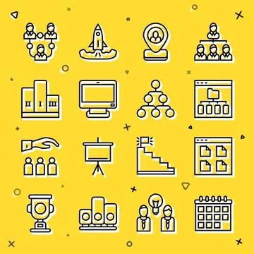 Set line Calendar, Browser files, Worker location, Computer monitor, Award over Stock Illustration