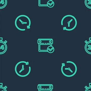 Set line Calendar with check mark, Clock and Stopwatch 24 hours on seamless Stock Illustration