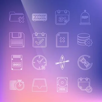 Set line Calendar with check mark, Waiting, Setting database server, Floppy disk Stock Illustration