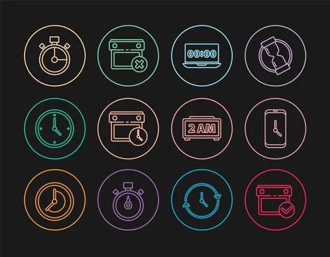 Set line Calendar with check mark, Alarm clock app mobile, Clock on laptop, and Illustrazione stock