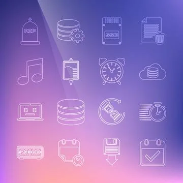 Set line Calendar with check mark, Stopwatch, Cloud database, SSD card, IV bag Illustrazione stock