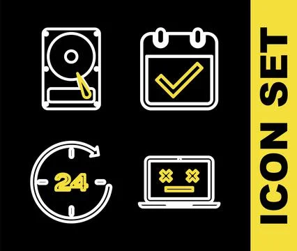 Set line Calendar with check mark, Dead laptop, Clock 24 hours and Hard disk Stock Illustration