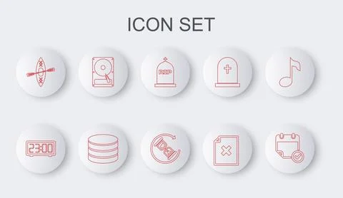 Set line Calendar with check mark, Digital alarm clock, Tombstone RIP written 스톡 일러스트