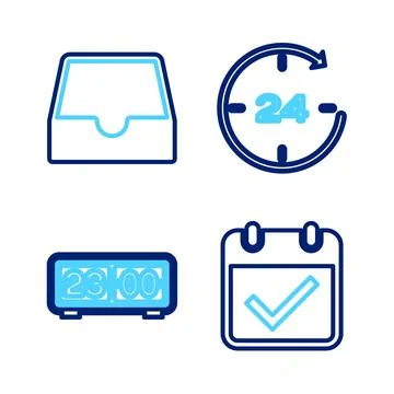 Set line Calendar with check mark, Retro flip clock, Clock 24 hours and Social Stock Illustration