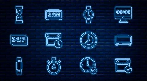 Set line Calendar with check mark, Digital alarm clock, Wrist watch, and, Clock Stock Illustration