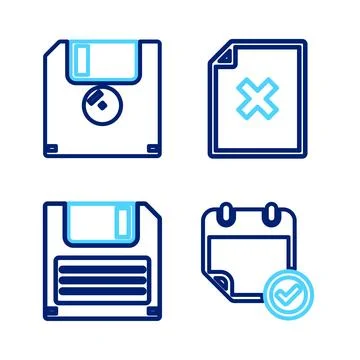 Set line Calendar with check mark, Floppy disk, Delete file document and icon Illustrazione stock