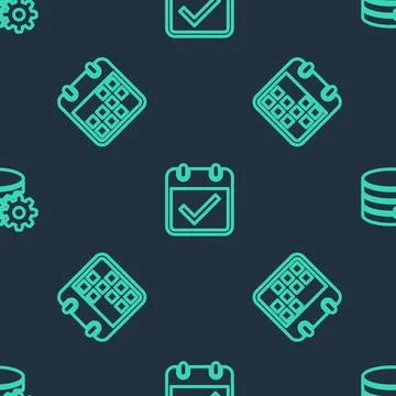 Set line Calendar with check mark, and Setting database server on seamless Illustrazione stock