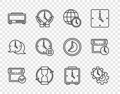 Set line Calendar with check mark, Time Management, World time, Old hourgla.. Stock Illustration
