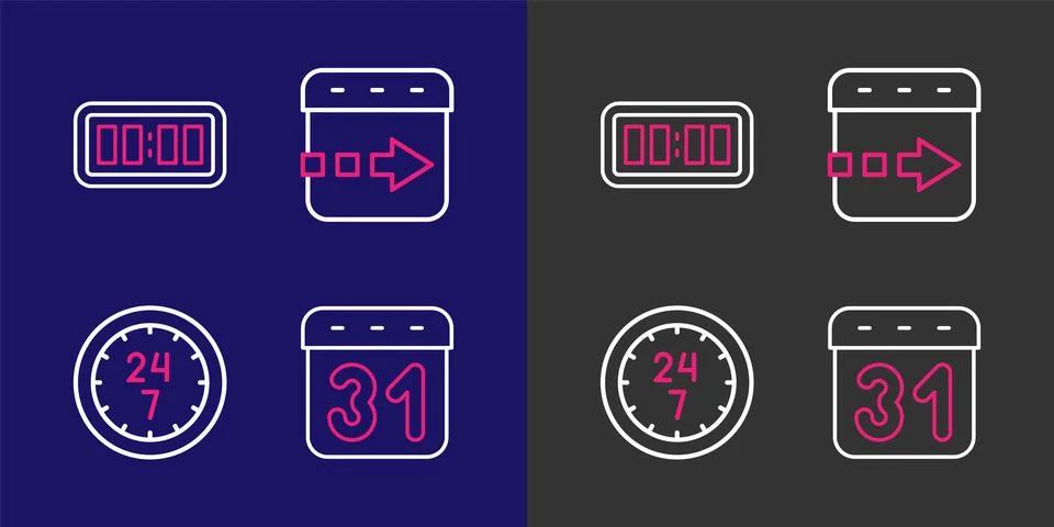Set line Calendar, Clock 24 hours, Time flies on the clock and Digital alar.. Stock Illustration