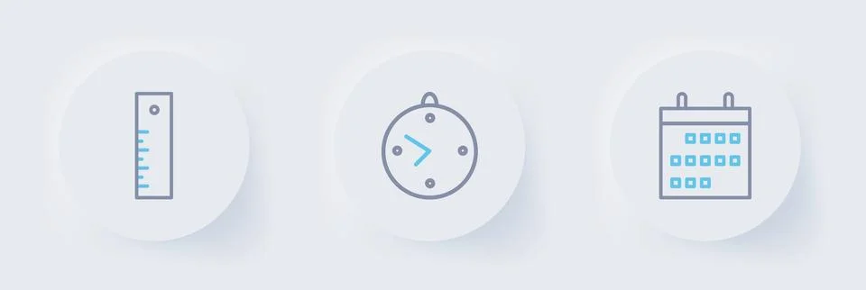 Set line Calendar, Clock and Ruler icon. Vector Stock Illustration