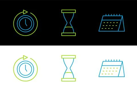 Set line Calendar, Clock with arrow and Old hourglass sand icon. Vector Stock Illustration