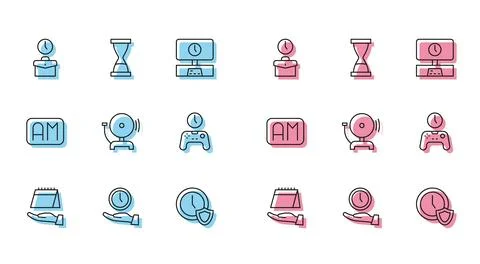 Set line Calendar Clock Work time with shield Ringing alarm bell Gamepad of M イラスト素材